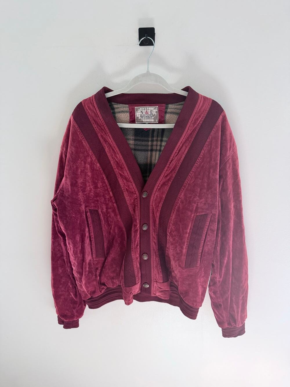 Vintage N&E New-Epoch Velour Plaid Burgundy Button-Up Cardigan Jacket-Size M